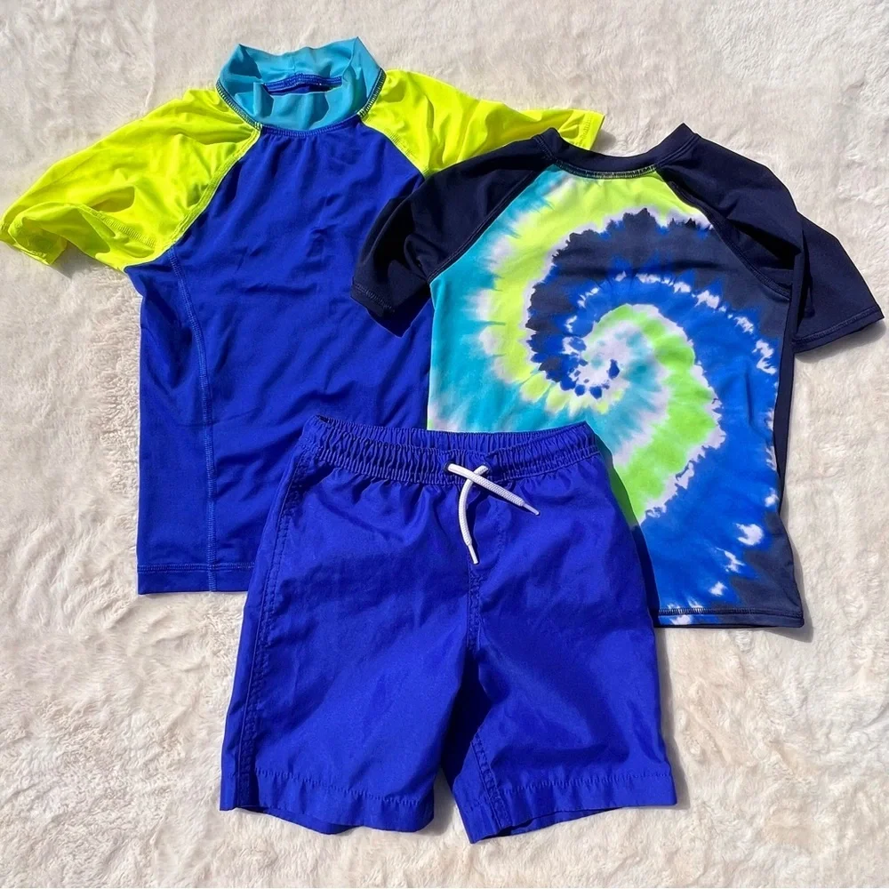 Lands’ End Boys Rash Guard Swim Set XS 4-5 Blue Neon + Swim Trunks